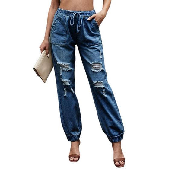 Floral Blooming Deep Blue Distressed Drawstring Pocket Denim Joggers Size S - Picture 1 of 1